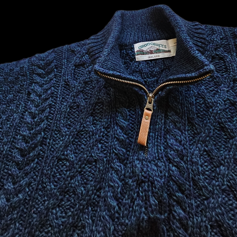 Aran Crafts Men's Atlantic blue 1/2 Zip Cable Knit Zip Sweater $189 - Picture 14 of 16